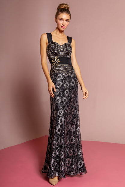 Daisy Pattern Lace Long Dress with Jewel Embellished Bodice