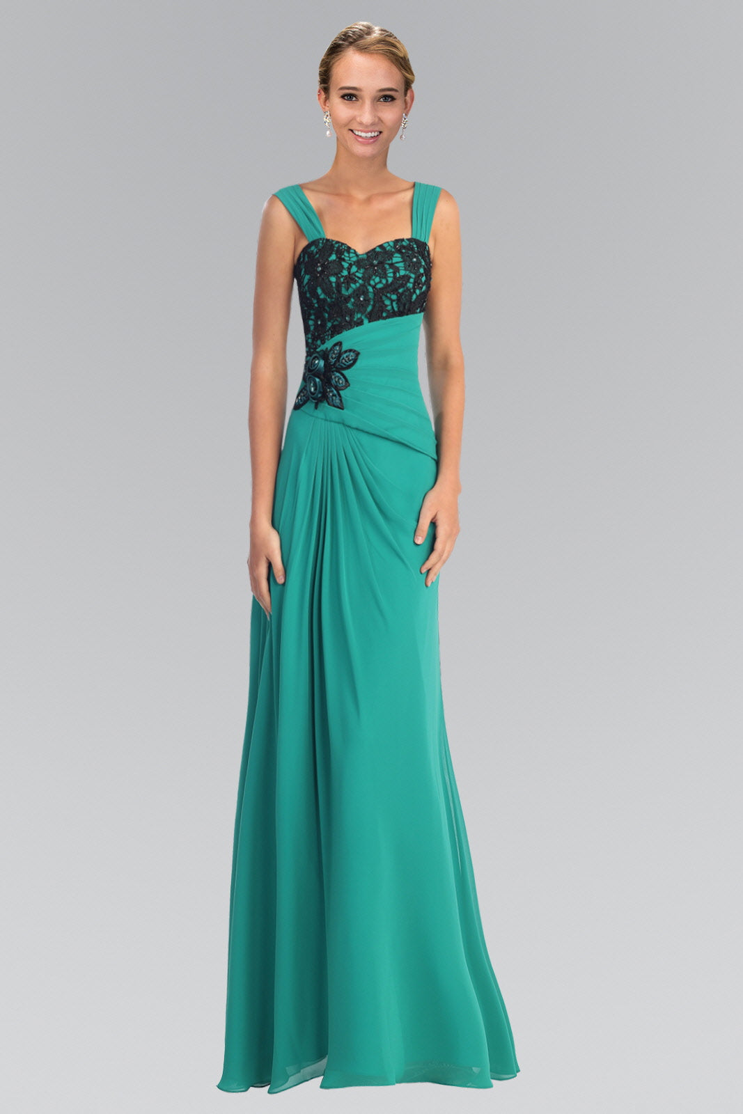 Chiffon Long Dress with Lace Detailing on Pleated Bodice and Lace Detailing