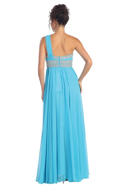 One Shoulder Floor Length Empire Dress with Jewel Detailing