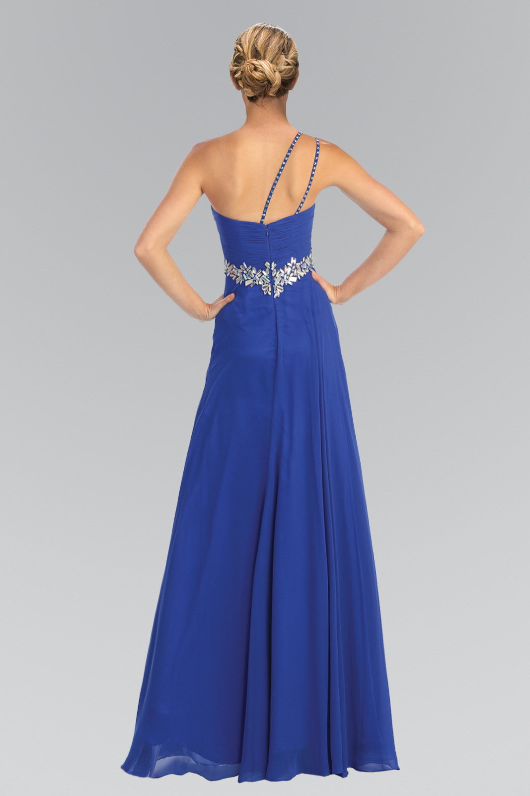 Empire One Shoulder Chiffon Long Dress Accented with Jewel