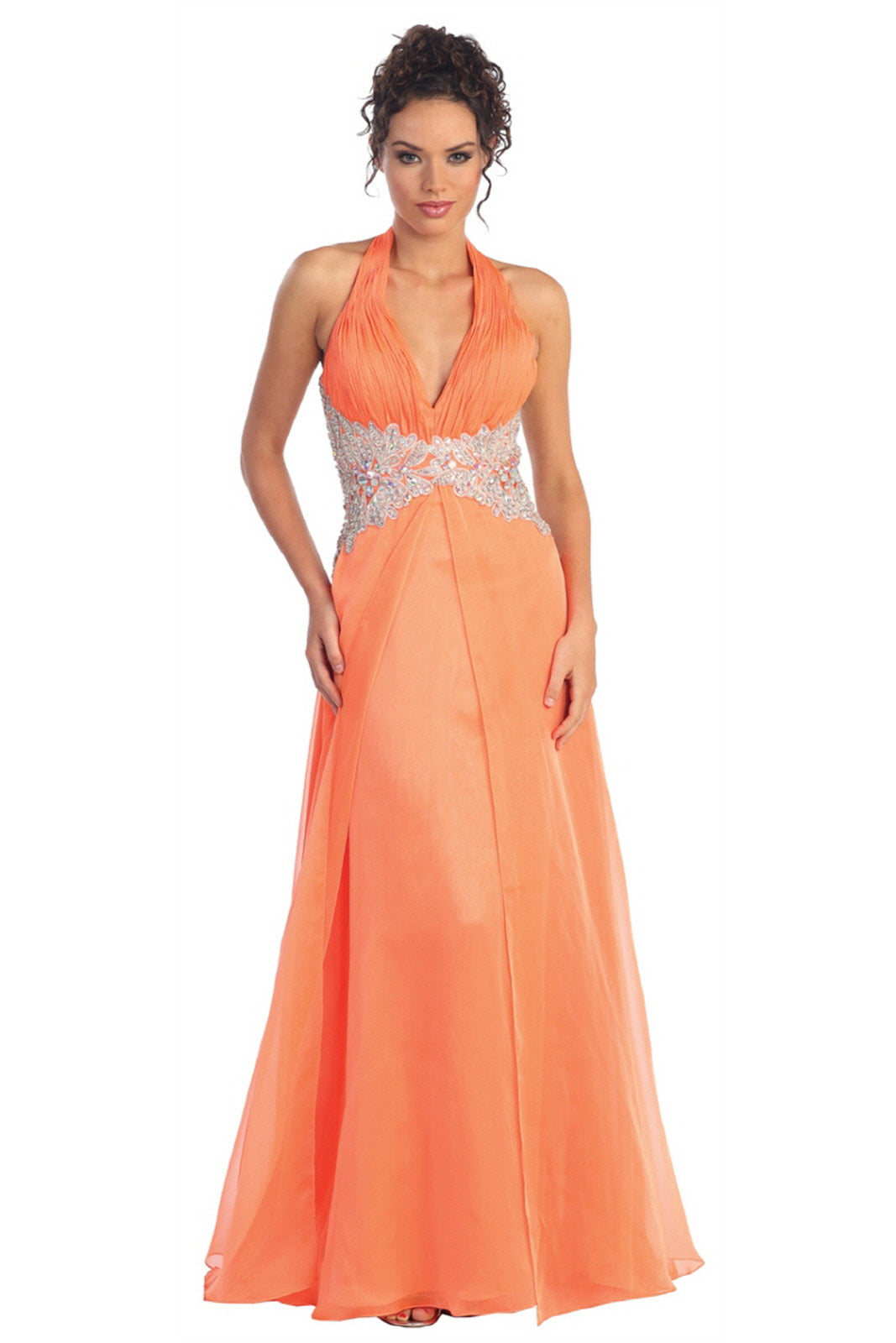 Halter Floor Length Dress Accented with Lace and Jewel