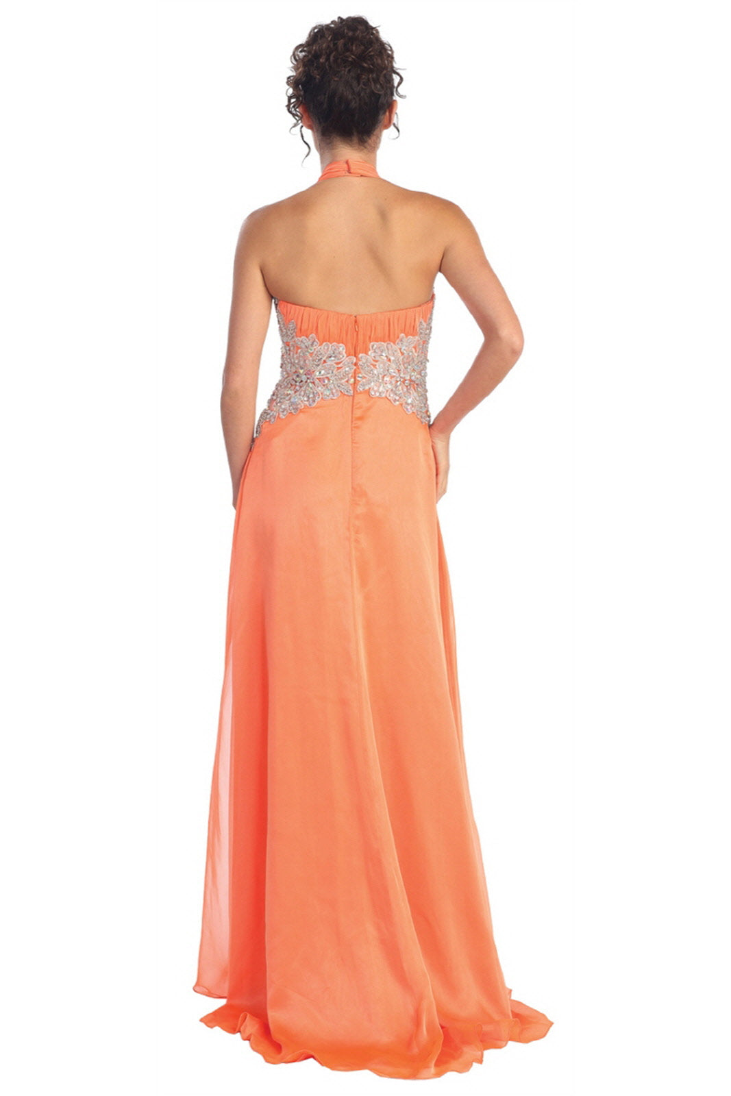 Halter Floor Length Dress Accented with Lace and Jewel