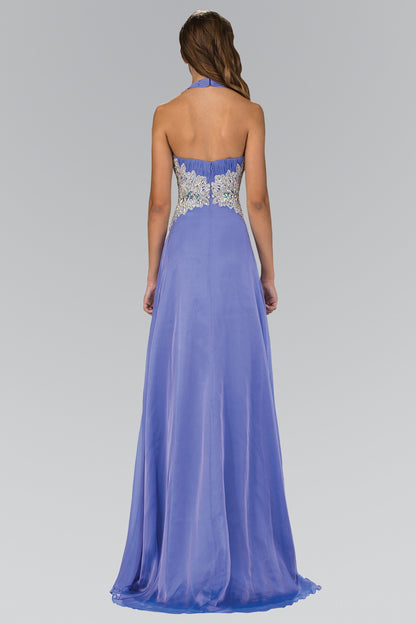 Halter Floor Length Dress Accented with Lace and Jewel