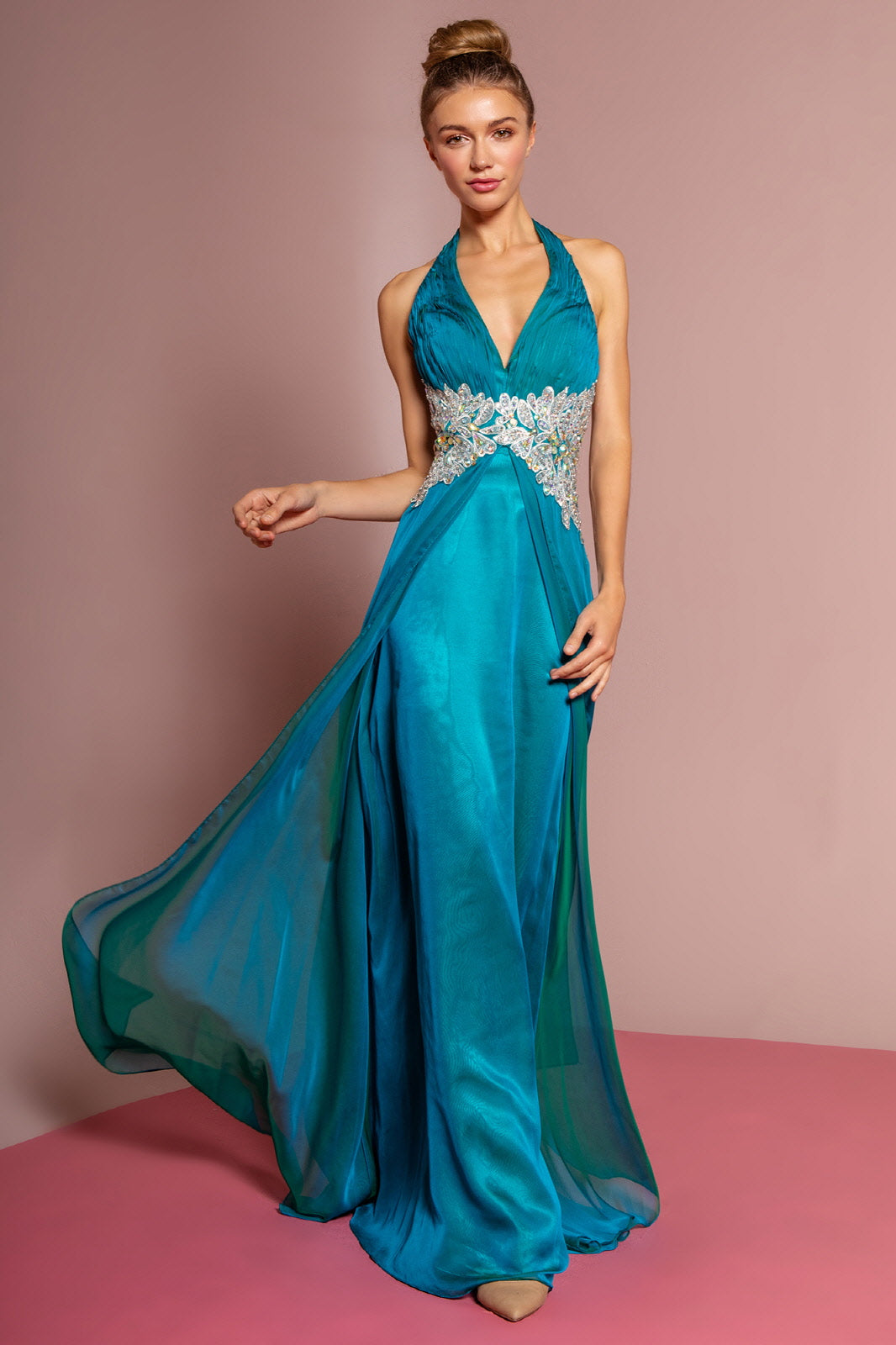 Halter Floor Length Dress Accented with Lace and Jewel