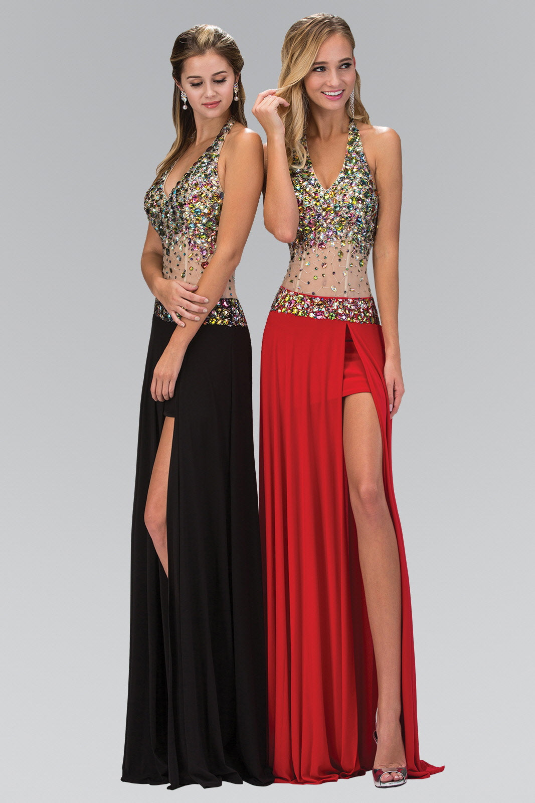 Jewel Embellished Halter Jersey Long Dress with Side Slit and Sheer Midriff Waist