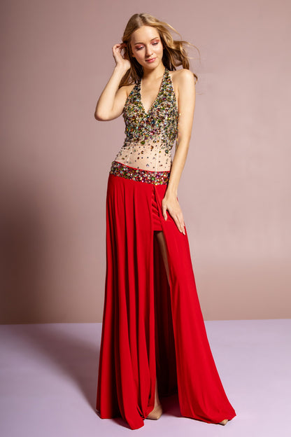 Jewel Embellished Halter Jersey Long Dress with Side Slit and Sheer Midriff Waist