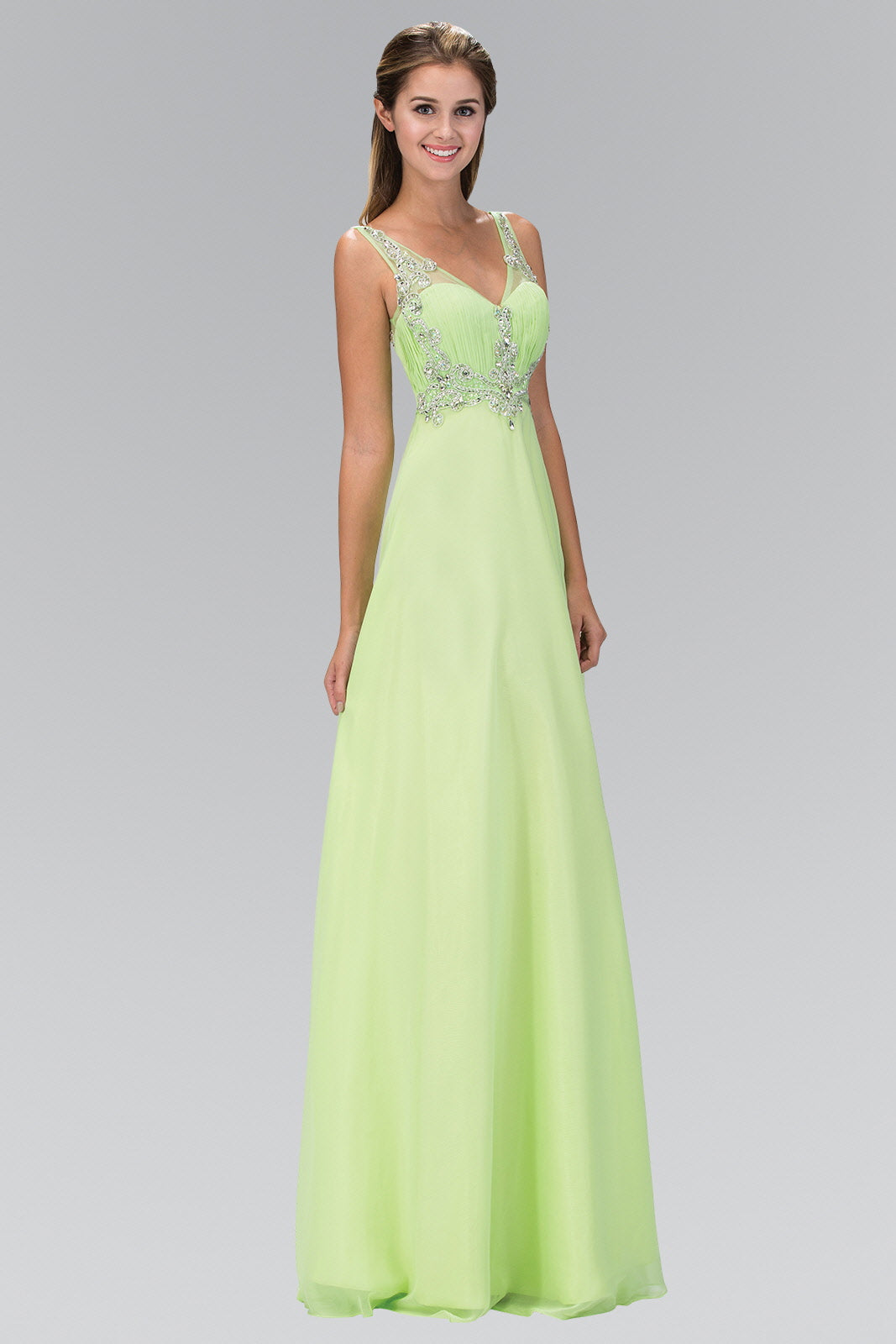 V-Neck Chiffon Long Dress with Beaded Sheer Straps