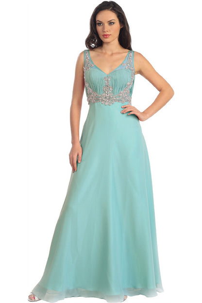 V-Neck Chiffon Long Dress with Beaded Sheer Straps