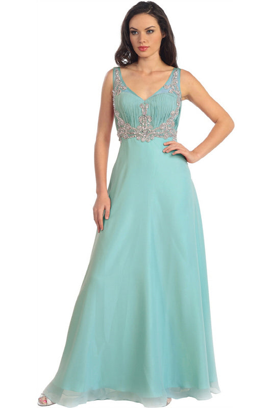 V-Neck Chiffon Long Dress with Beaded Sheer Straps