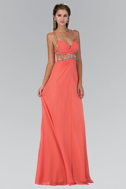 Jewel Embellished Chiffon Long Dress with Ruched Bodice