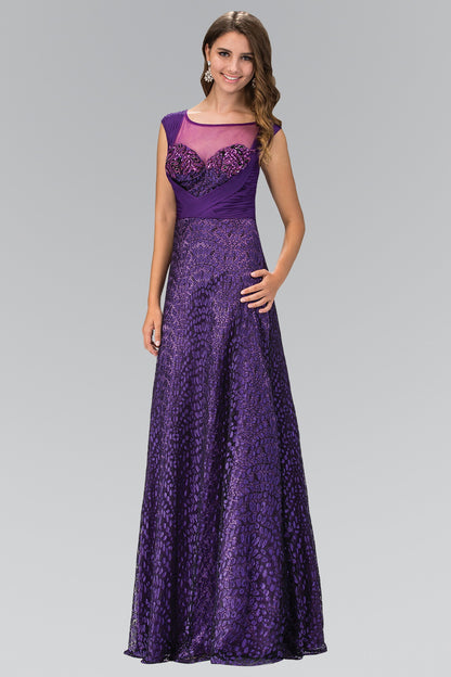 Cap Sleeve Lace Long Dress with Pleated chiffon overlay