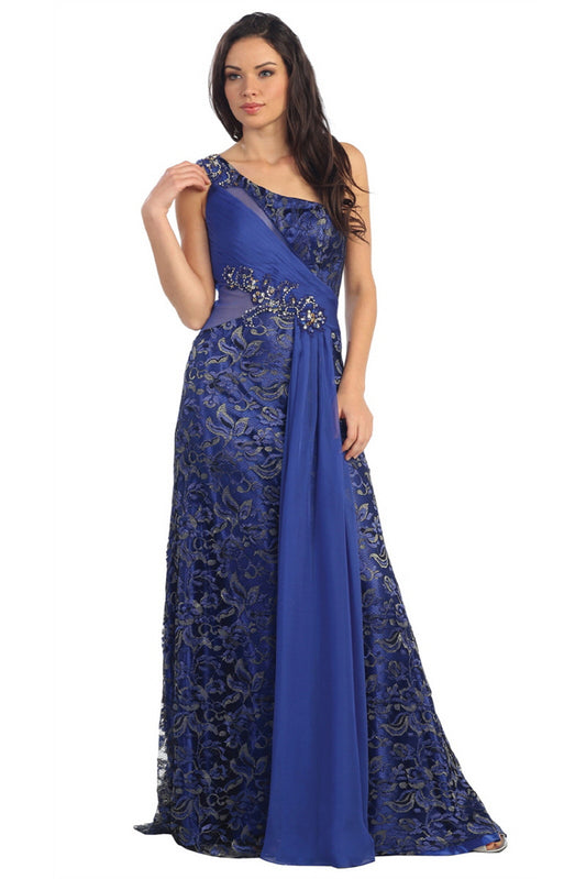 One Shoulder Lace Long Dress with Beaded Waist and Chiffon Overlay