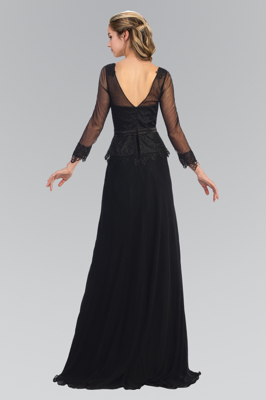 V-Neck Long Sheer Sleeve Chiffon Floor Length Dress with Lace Bodice