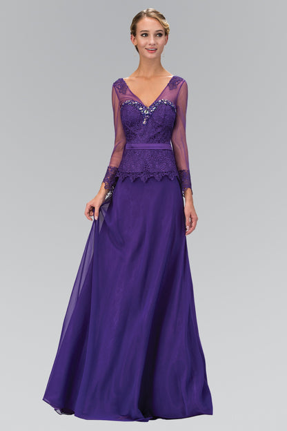 V-Neck Long Sheer Sleeve Chiffon Floor Length Dress with Lace Bodice