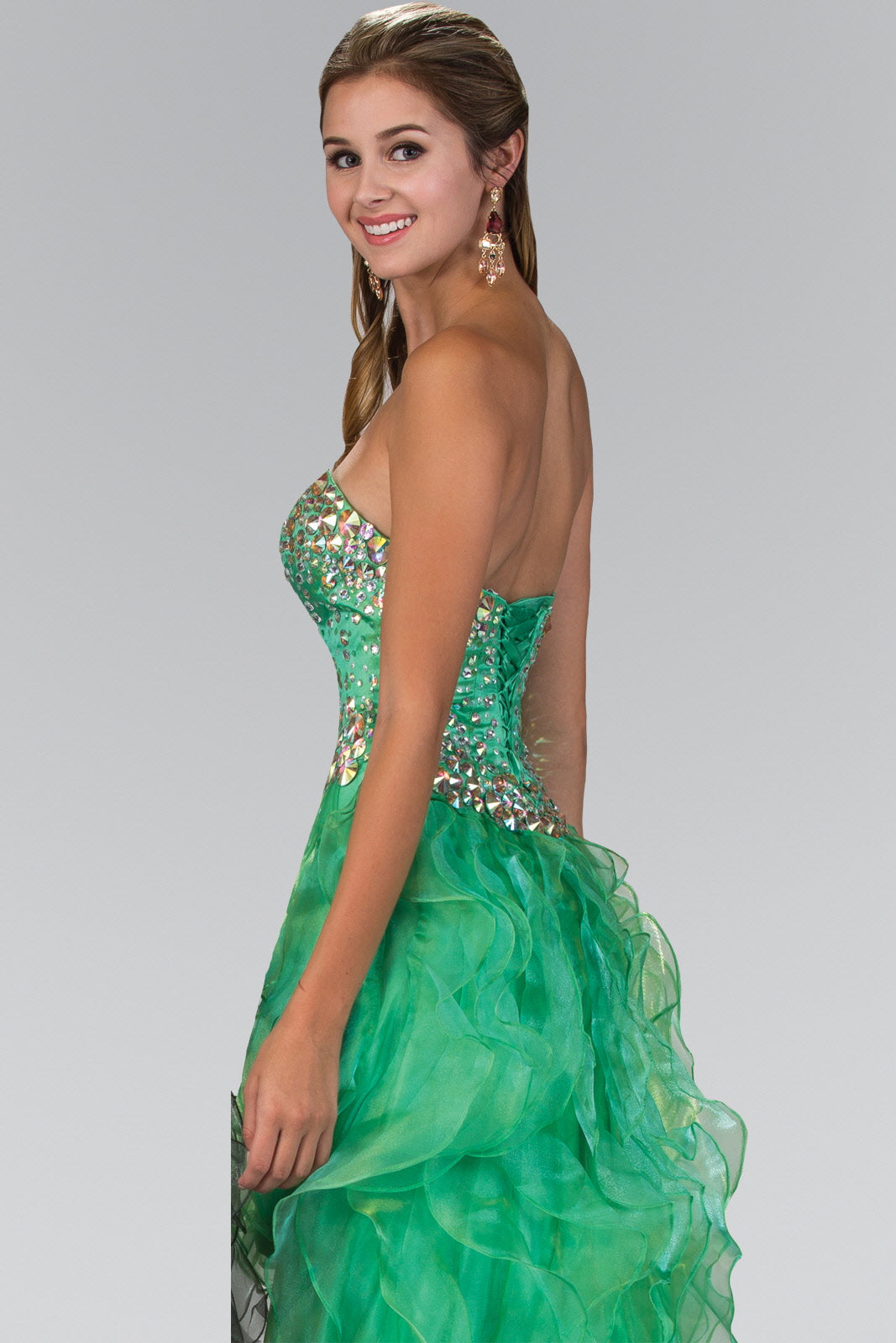 Organza High-Low Dress with Jeweled Sweetheart Bodice