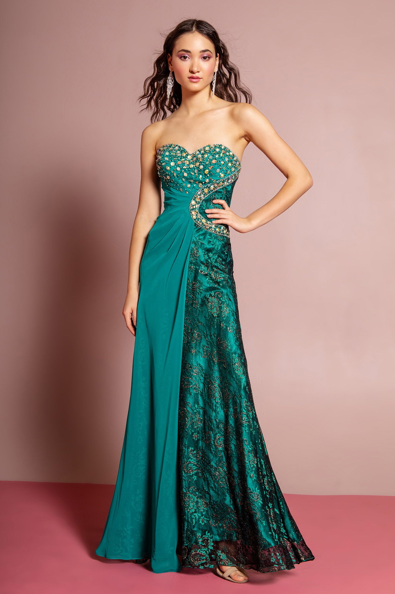 Strapless Sweetheart Lace Long Dress with Jeweled Bodice