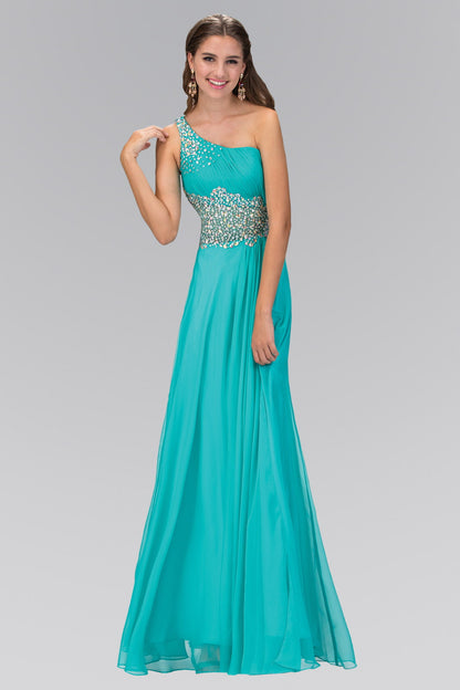 One Shoulder Chiffon Long Dress with Beaded Waistline