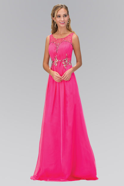 Ruched Bodice Chiffon Long Dress with Jeweled Neckline and Waist