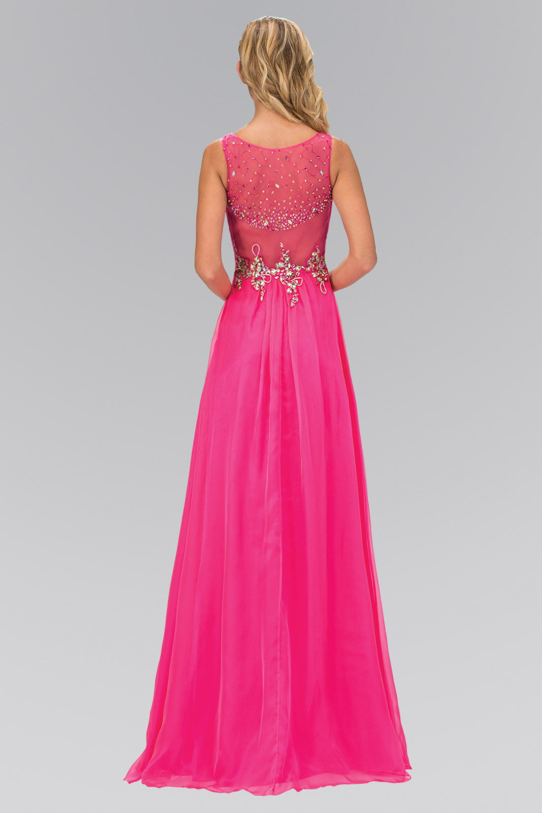 Ruched Bodice Chiffon Long Dress with Jeweled Neckline and Waist