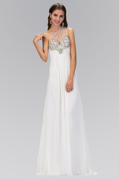 One Shoulder Chiffon Long Dress with Jewel Embellished Bodice and Ruched Waistline