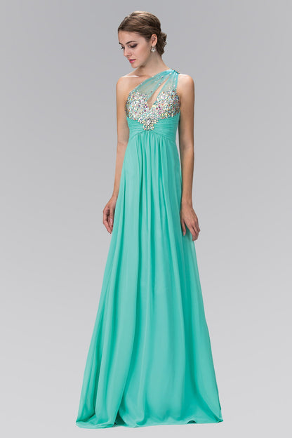 One Shoulder Chiffon Long Dress with Jewel Embellished Bodice and Ruched Waistline