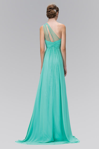 One Shoulder Chiffon Long Dress with Jewel Embellished Bodice and Ruched Waistline