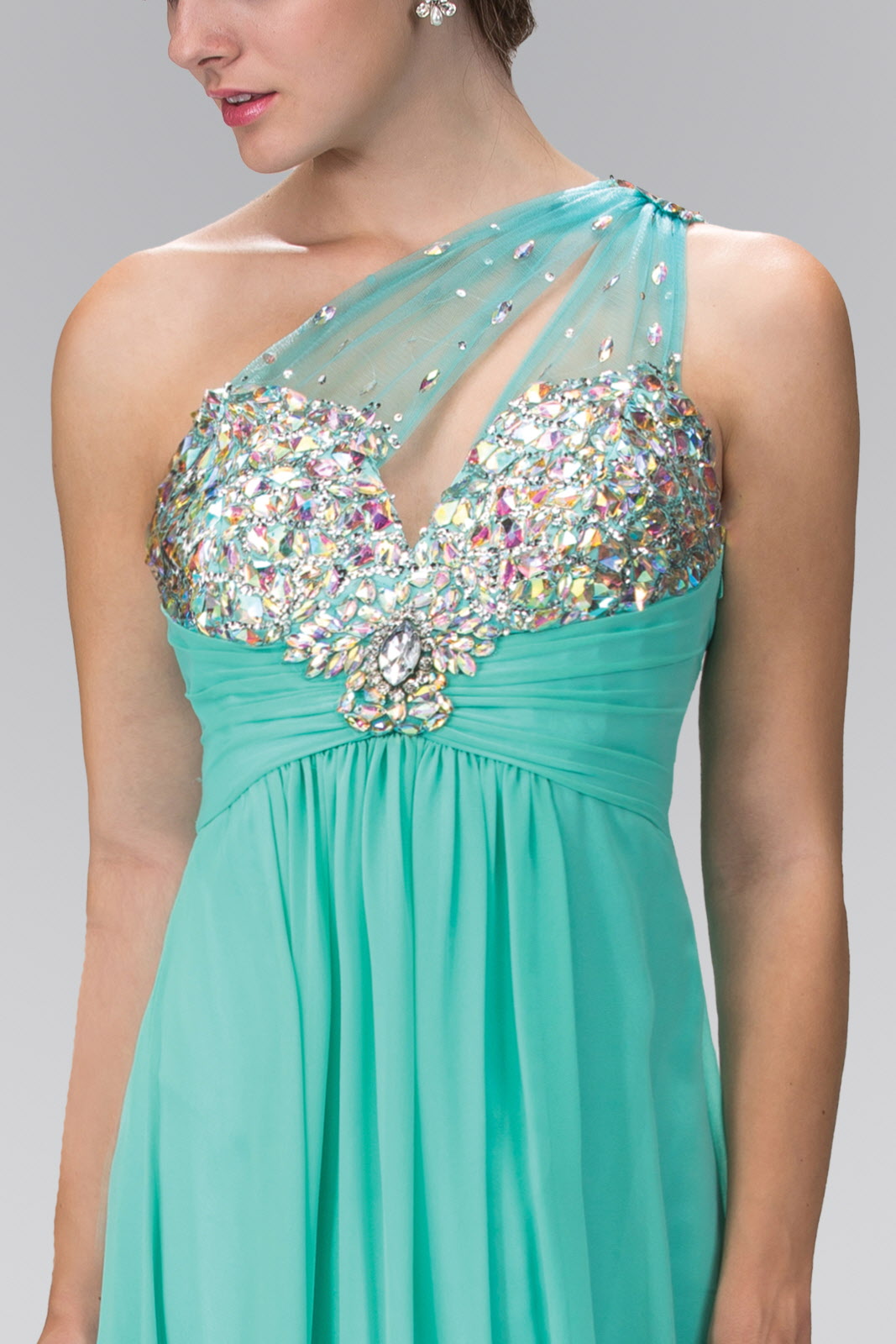 One Shoulder Chiffon Long Dress with Jewel Embellished Bodice and Ruched Waistline