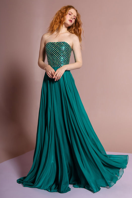 Strapless Chiffon Floor Length Dress Accented with Jewel