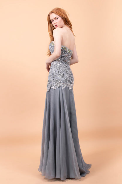 Strapless Chiffon Long Dress with Side Slit and Beaded Bodice