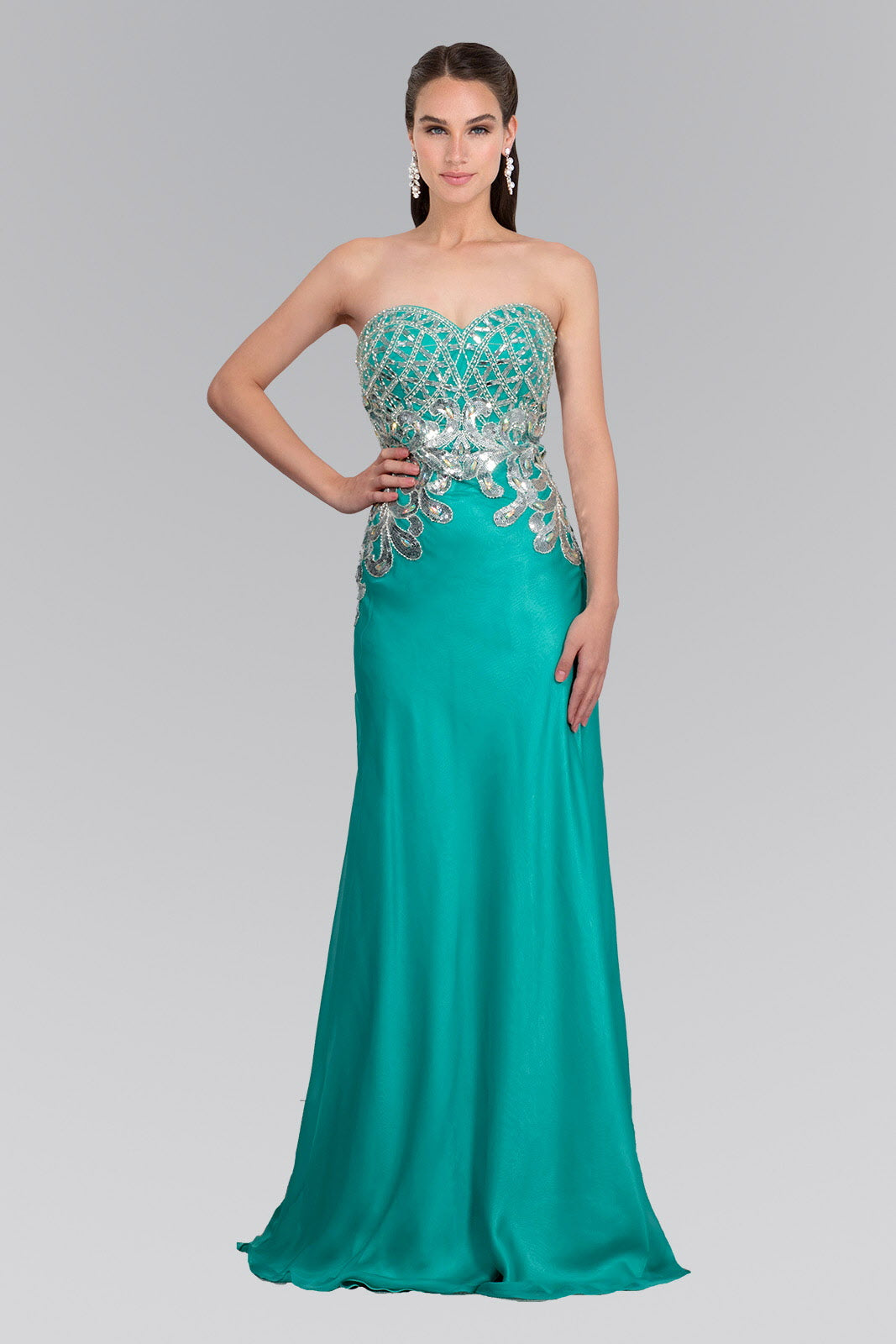 Strapless Sweetheart Chiffon Floor Length Dress with Bead Embellished Bodice