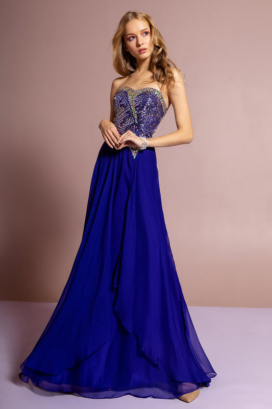 Strapless Chiffon Floor Length Dress with Jeweled Bodice