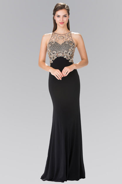 Floor Length Dress with Jewel Embellished Sheer Bodice and Back