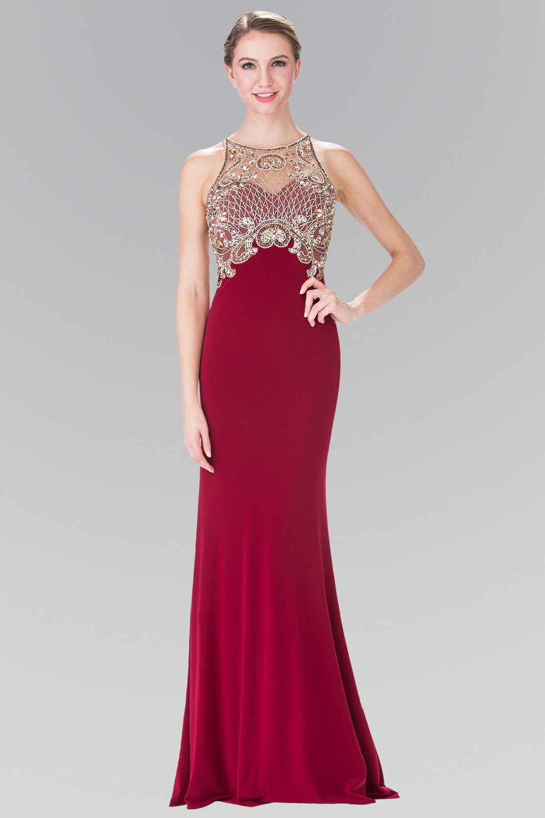 Floor Length Dress with Jewel Embellished Sheer Bodice and Back