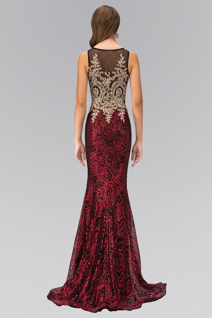 Floor Length Dress with Gold Lace on Bodice and Sequin on Skirt