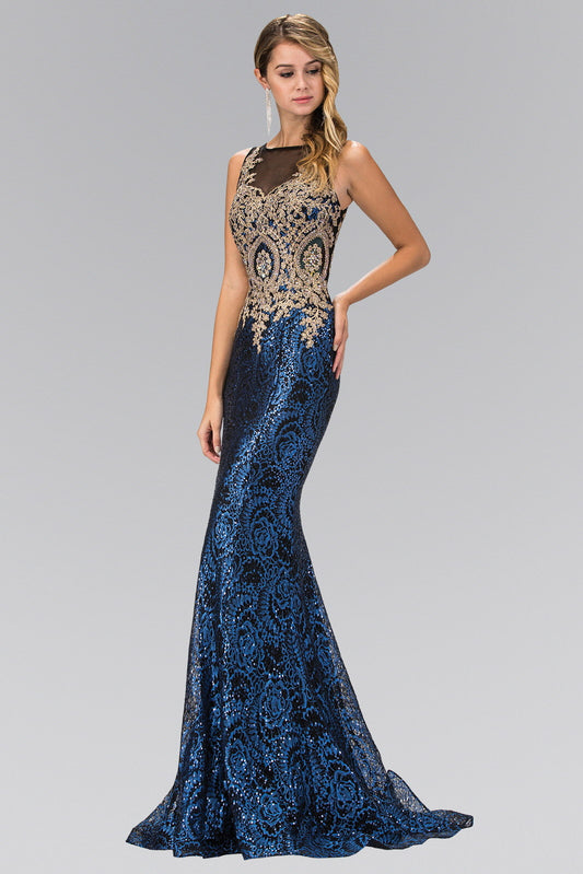 Floor Length Dress with Gold Lace on Bodice and Sequin on Skirt