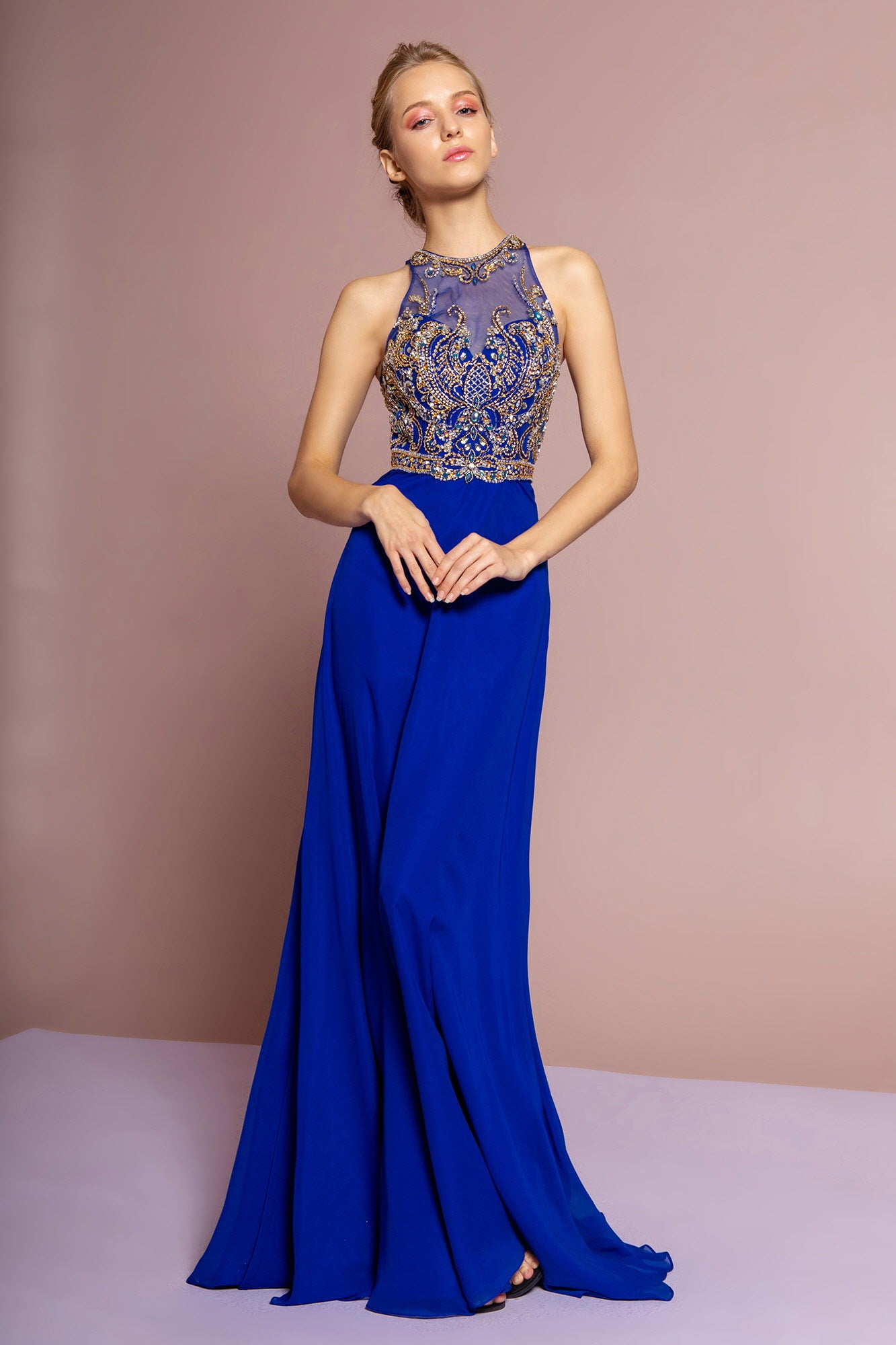 Jewel and Bead Embellished Long Dress with Back Cut Out