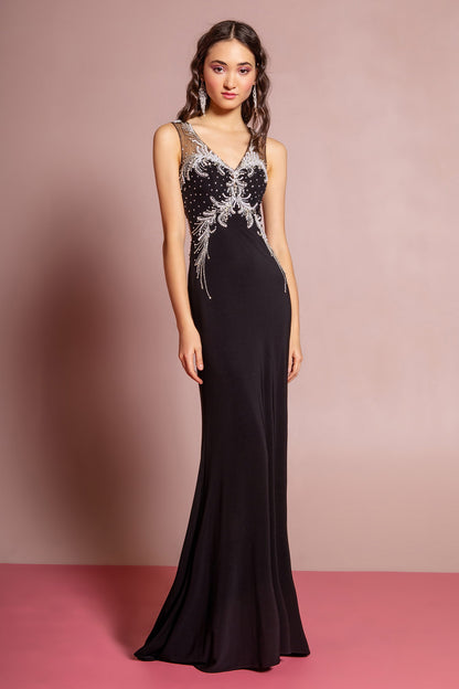 Sheer Open Back Floor Length Dress with Silver Jewel Accents