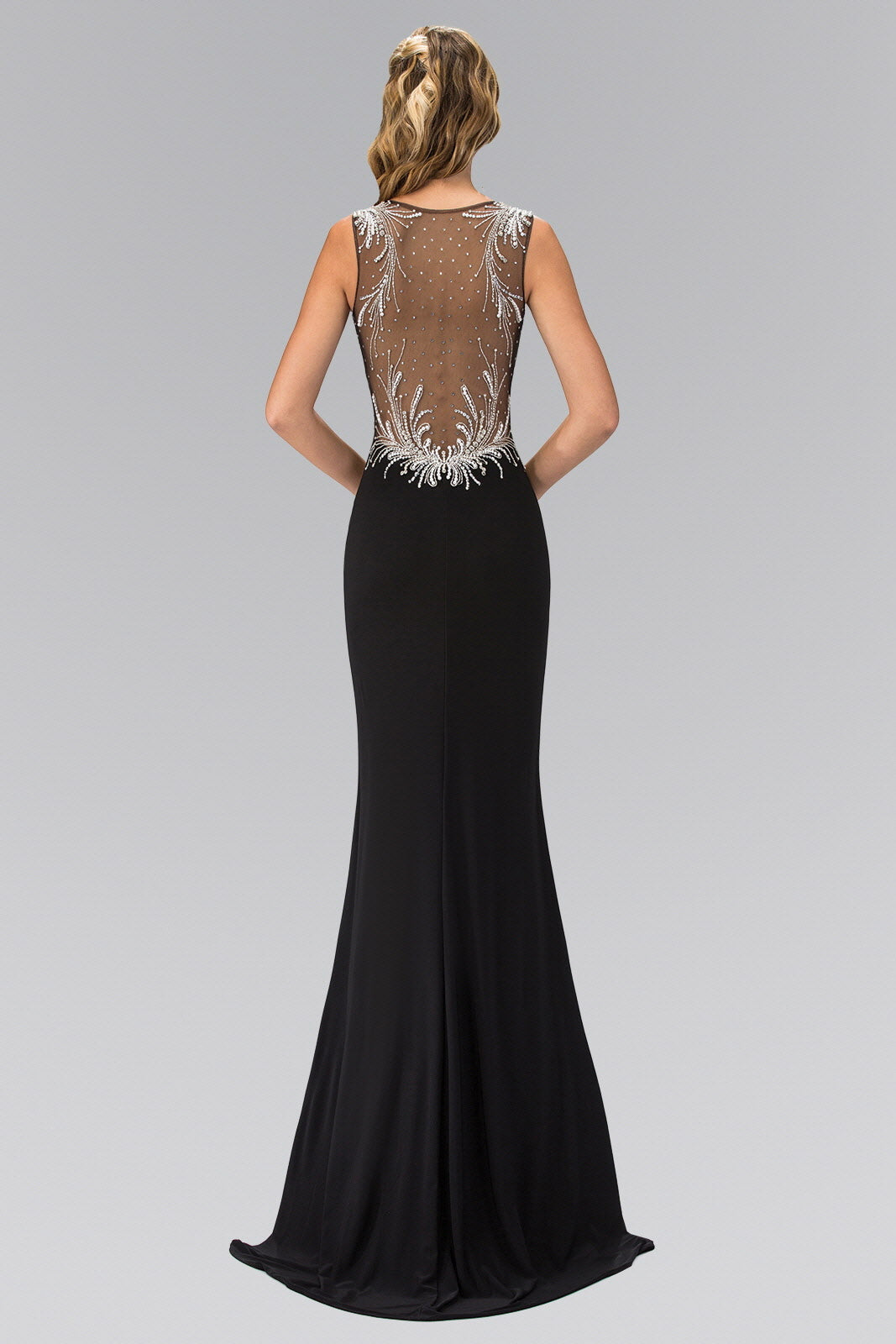 Sheer Open Back Floor Length Dress with Silver Jewel Accents