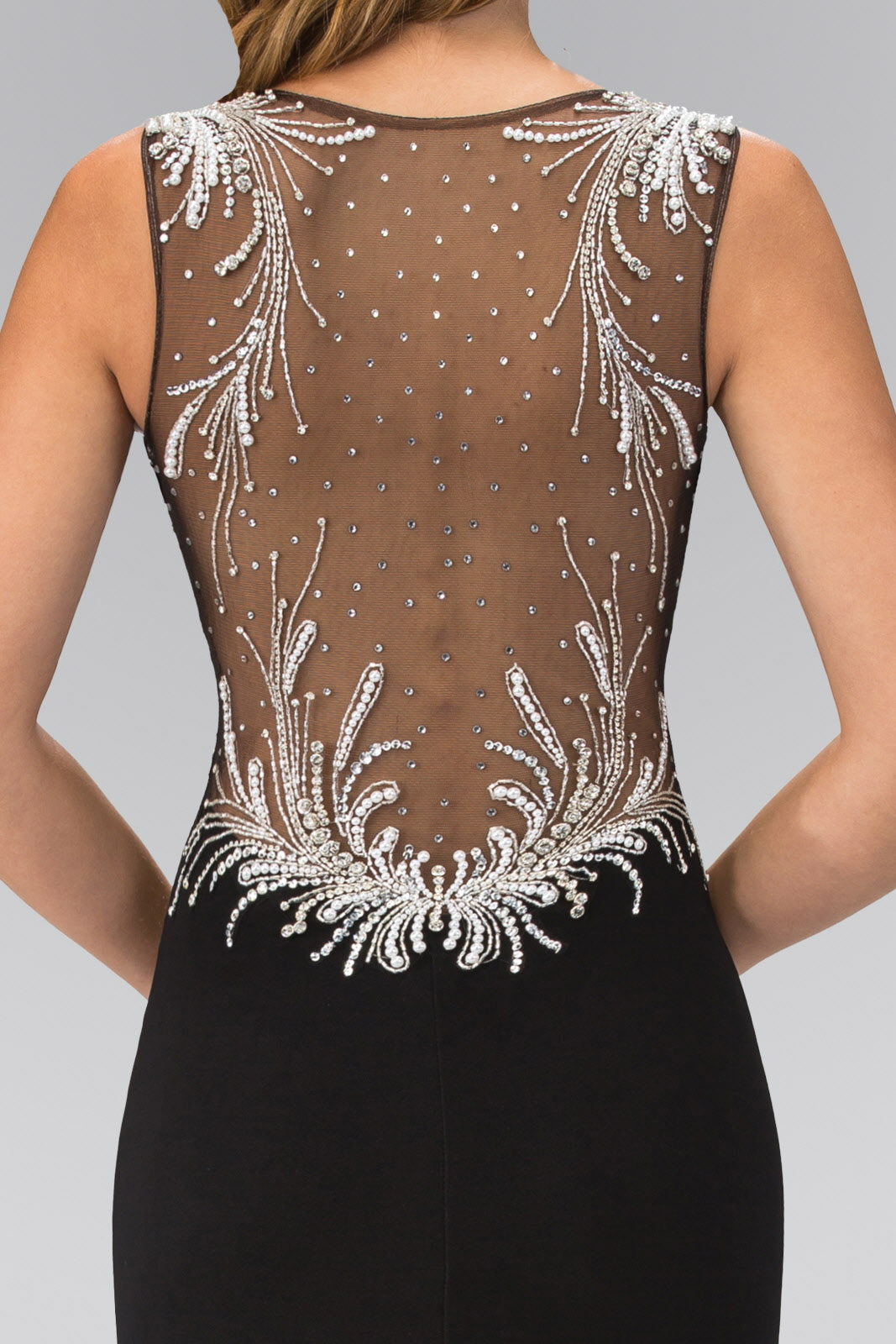 Sheer Open Back Floor Length Dress with Silver Jewel Accents