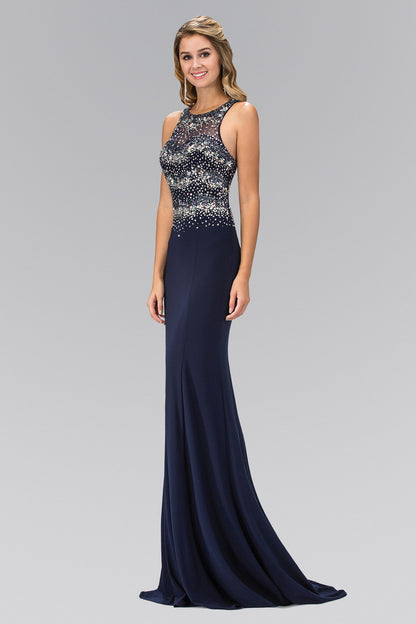 Jewel Embellished Open Back Floor Length Dress