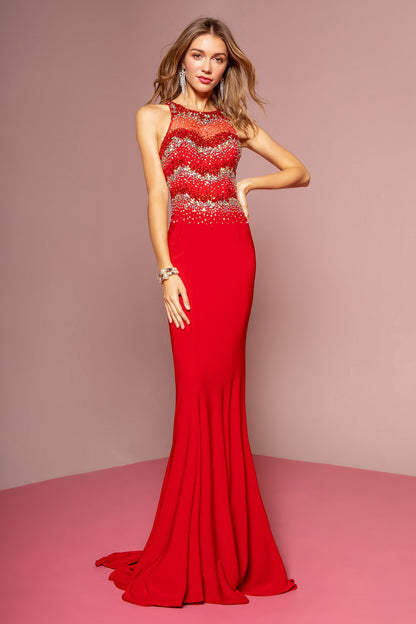 Jewel Embellished Open Back Floor Length Dress