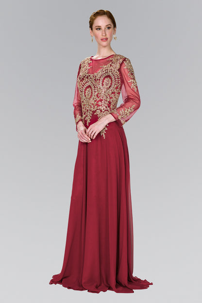 Lace Embellished Floor Length Dress with Sheer Sleeve