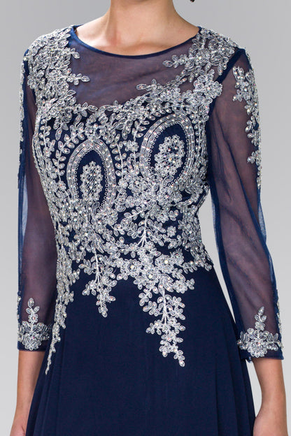 Lace Embellished Floor Length Dress with Sheer Sleeve