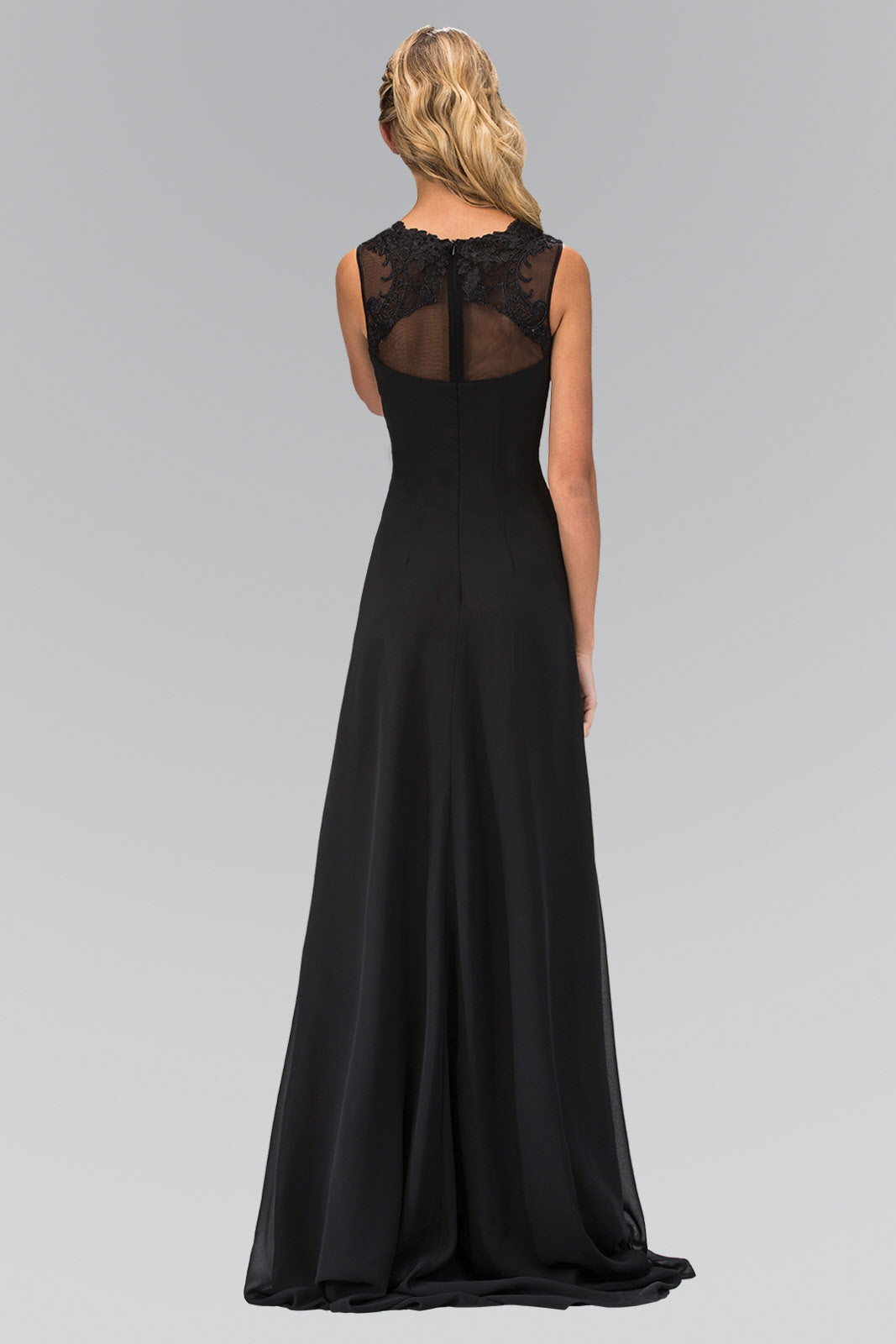 Ruched Floor Length Dress with Illusion Neckline and Sheer Back