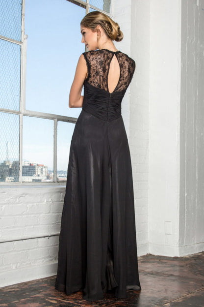 Empire Waist Long Dress with Ruched Bodice and Lace Back