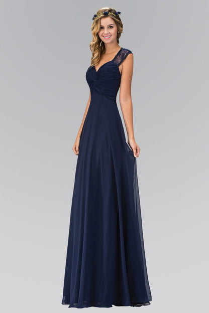 Empire Waist Long Dress with Ruched Bodice and Lace Back