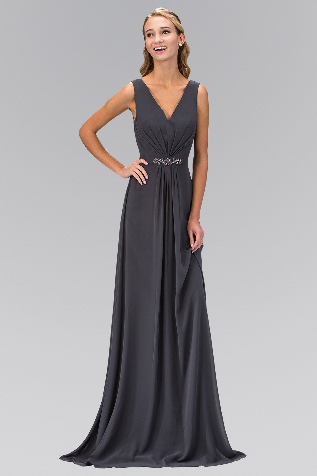 V-Neck Chiffon Long Dress Accented with Jewel on Waist