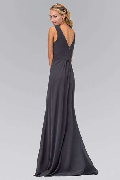 V-Neck Chiffon Long Dress Accented with Jewel on Waist