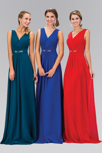 V-Neck Chiffon Long Dress Accented with Jewel on Waist