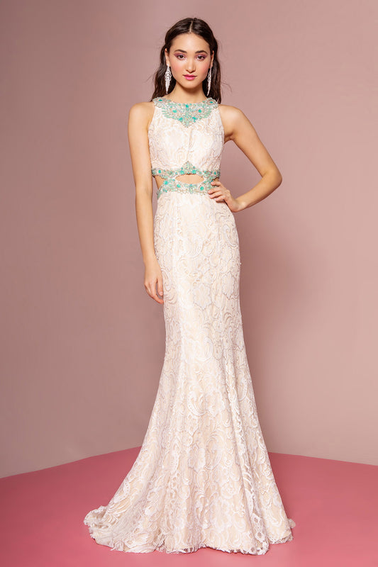 Long Ivory Lace Dress Accented with Bluish Jewel and Cut Outs